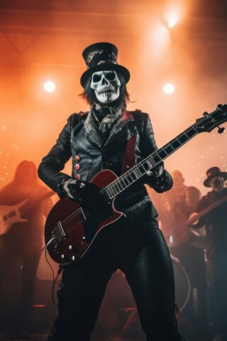 Photo of a musician with a skull face playing a guitar