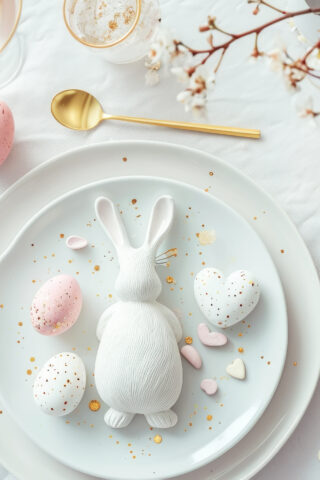 Aesthetically decorated table with easter bunnies, eggs, gold cutlery. Festive Easter concept. Top view. Generative AI