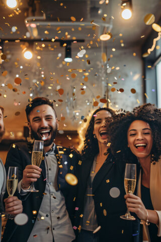 Happy diverse working team having fun at office party