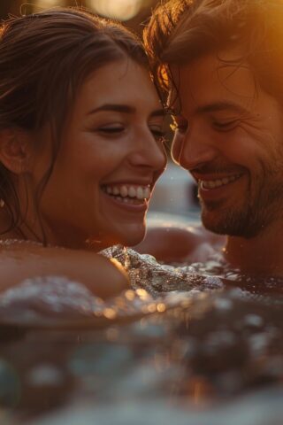 Romantic couple in the hot tub at sunset. Happy man and woman enjoying a romantic moment in the hot tub.