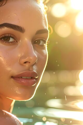 Radiant woman in sunlit water
