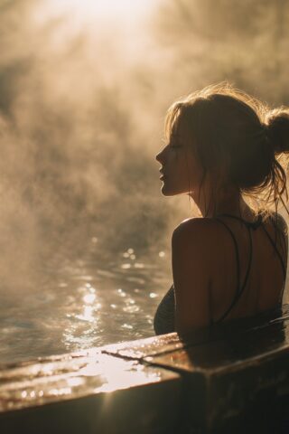 Woman relaxing in hot spring at sunrise.Wellness and relaxation in nature