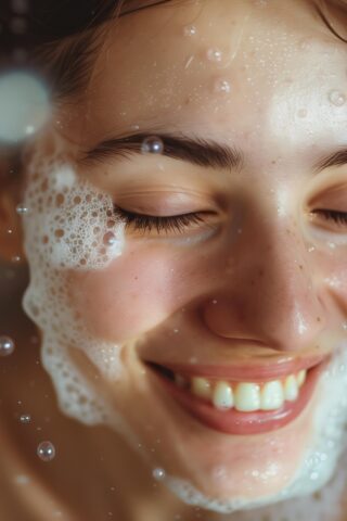 Beautiful beauty wellness relaxing closed eyes woman foam on face enjoying spa center treatment with bubbles flying around, light background.