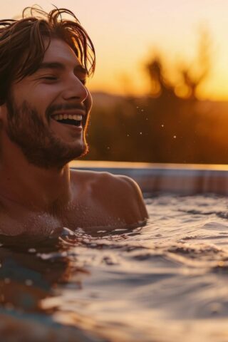 Couple Enjoying a Romantic Evening Hot Tub Soak at Sunset