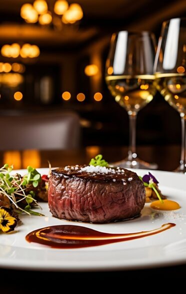 Gourmet dinner table setting with plates of delicious steak and fish, paired with red and white wine glasses at a fine dining restaurant