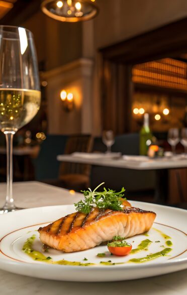 Orange grilled salmon and white wine isolated on transparent background for restaurant design